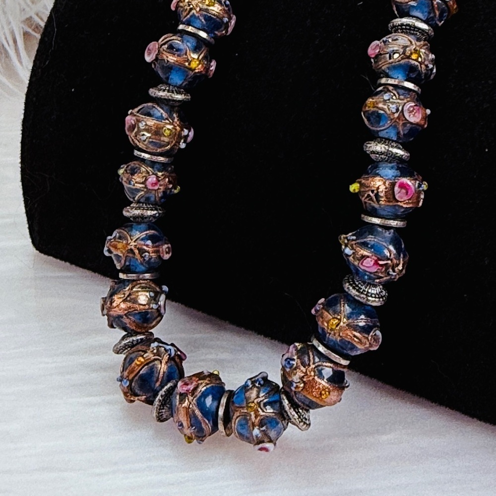 Vintage Blue Art Glass Bead Necklace Floral Lampwork Statement Necklace